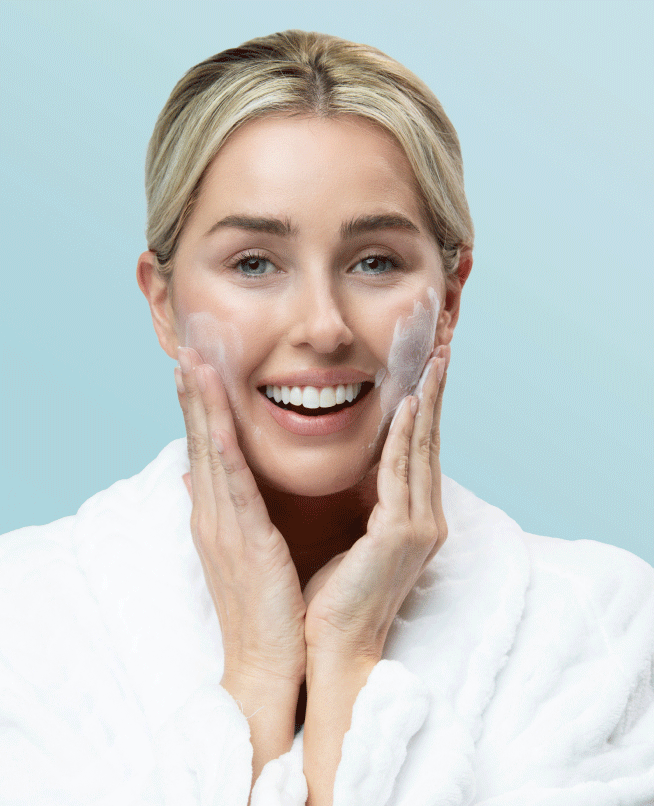 how to use in 3 steps. Woman applying Aqua Bliss Cleansing Lotion to her face