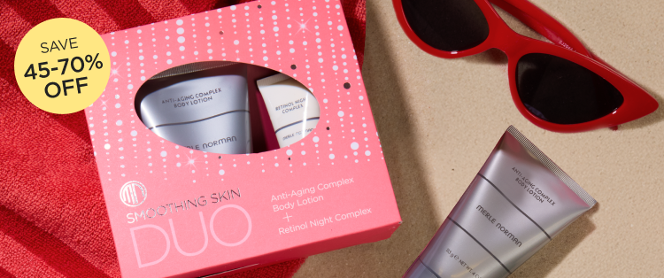 Summer beauty products displayed on a beach-themed background with a promotional offer of 45 to 70 percent off