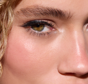 Close-up view of complexion makeup on the face