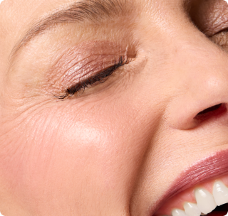 Close-up view of complexion makeup on the face